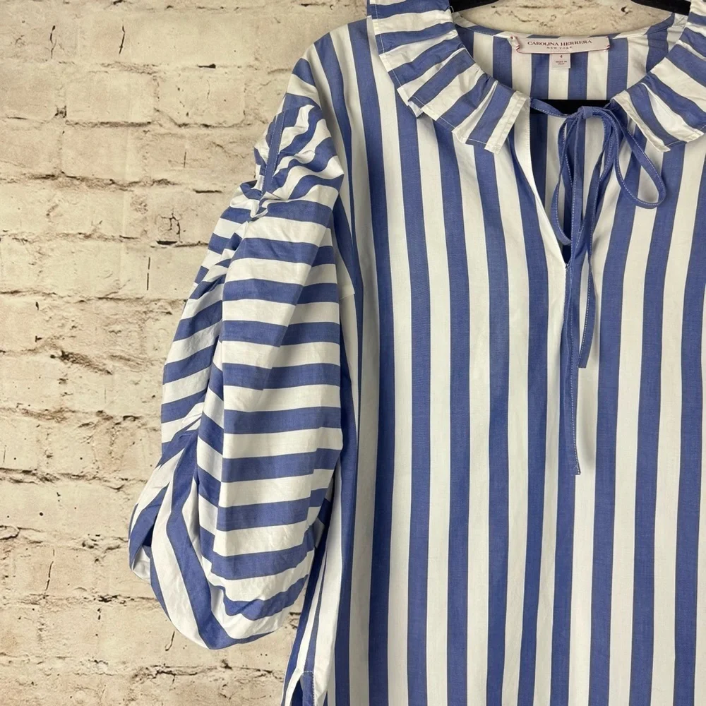 Carolina Herrera New York Size 4 Ruffled Stiped Cotton-Poplin Blouse Blue White - Picture 5 of 12